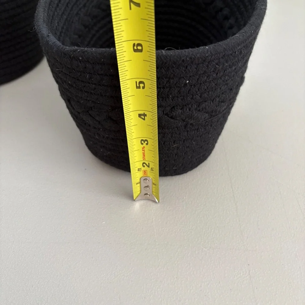 Set of 2 Black Woven Cotton Rope Baskets with Leather Handles Nested Storage